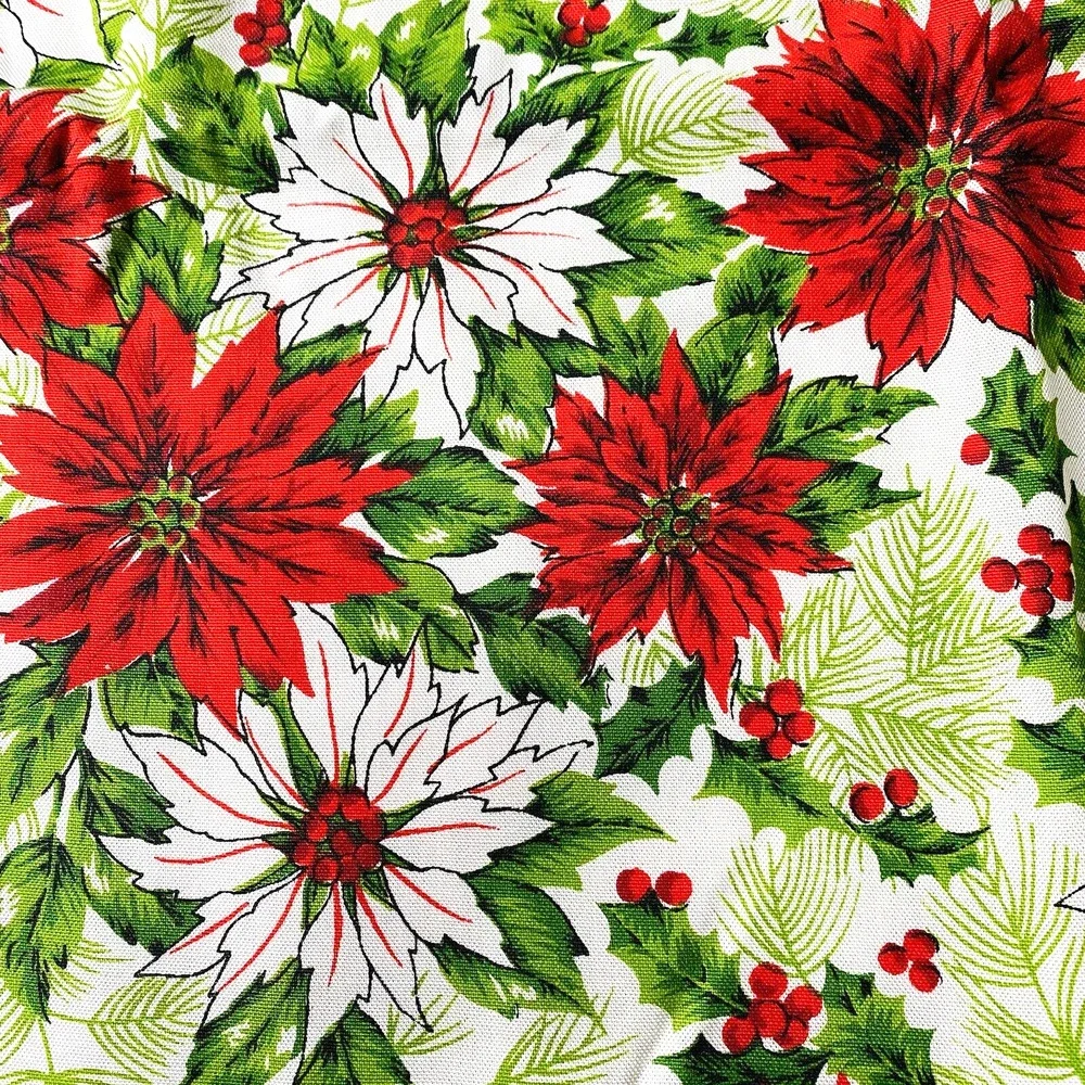 Vintage Christmas Tablecloth Cotton Blend Cloth Festive Red & White Poinsettias